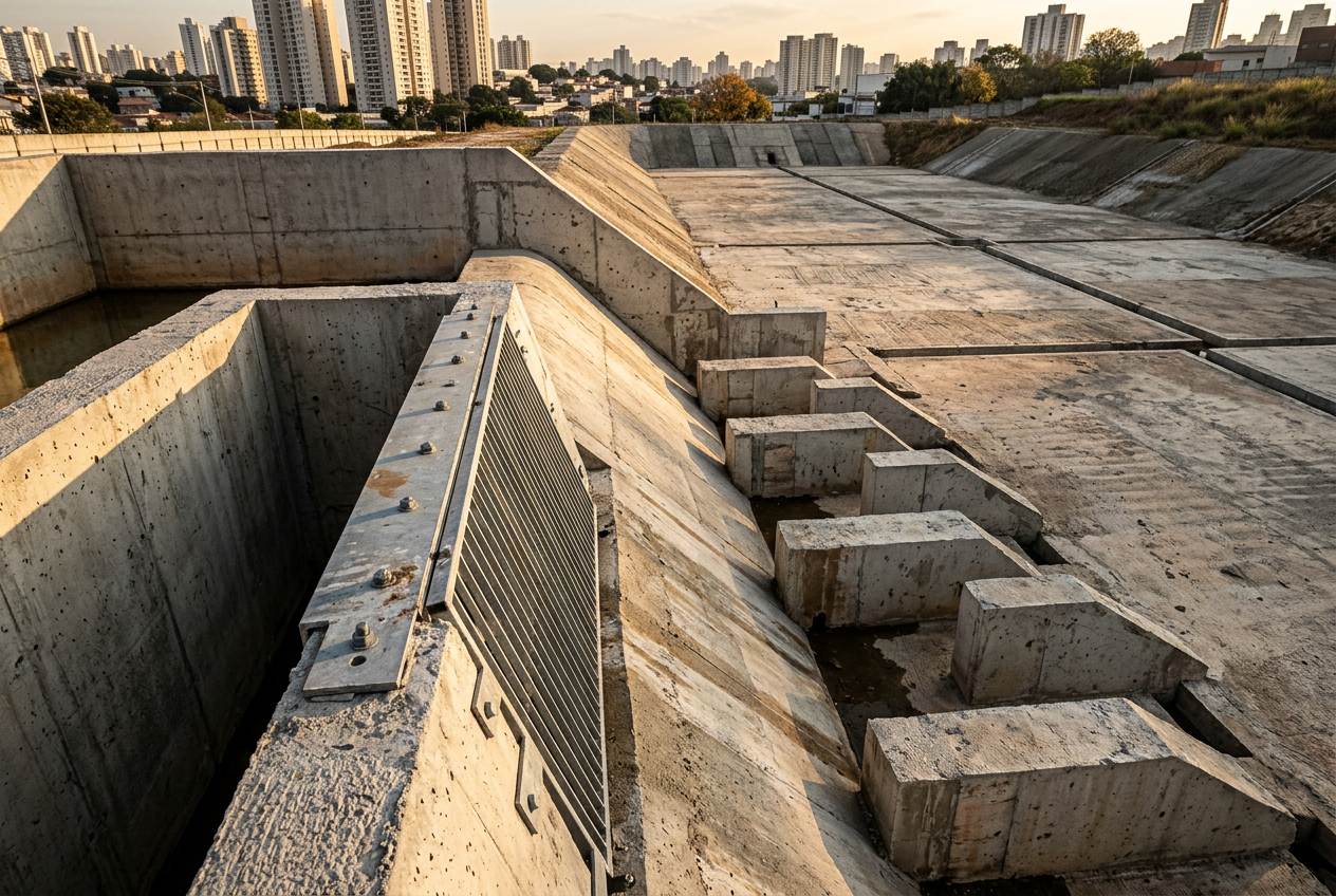 O talude (superfície inclinada que liga diferentes níveis do terreno) deve ter geometria e estabilização