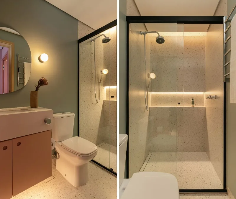 Foto: Gisele Rampazzo · No detalhe da bancada realizada no banheiro social do apartamento, a composição privilegia superfícies contínuas e poucos elementos aparentes, devidamente complementadas pelo verde eleito para as paredes, o espelho orgânico e a iluminação pontual planejada pela arquiteta Duda Senna