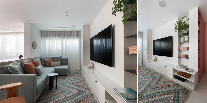 Foto: Gisele Rampazzo · Na execução realizada pela arquiteta Duda Senna, por meio da marcenaria o espaço contempla um armário lateral, o rack da TV e uma prateleira ornamentada com itens decorativos