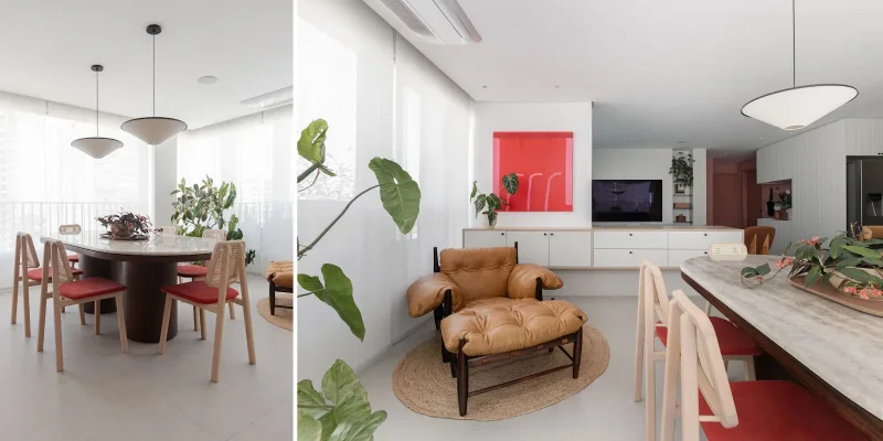 Foto: Gisele Rampazzo · A sala de jantar também comportou um cantinho gostoso com a presença da poltrona Mole, de Sergio Rodrigues. Na parede, obra da artista visual Dolores Orange | Projeto: Duda Senna Arquitetura